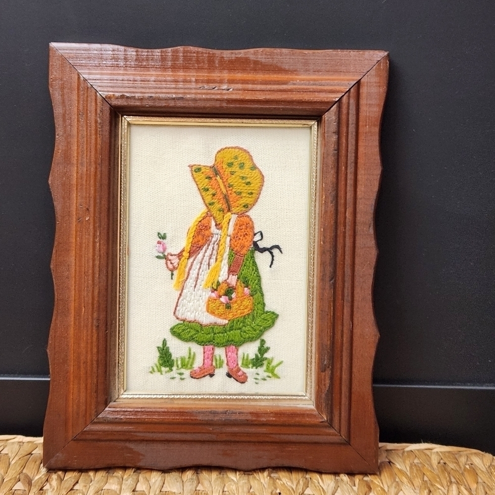 VINTAGE Framed Artwork Embroidered Little Girl Picking Flowers